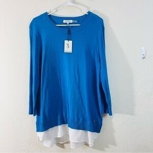 NWT Calvin Klein Cotton Blend Crewneck Long Sleeve Sweater Large Blue/White